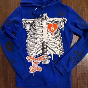 NWOT UniSex Blue Hustle or Die  Graphic Skeleton Distressed Hoodie - Size Small